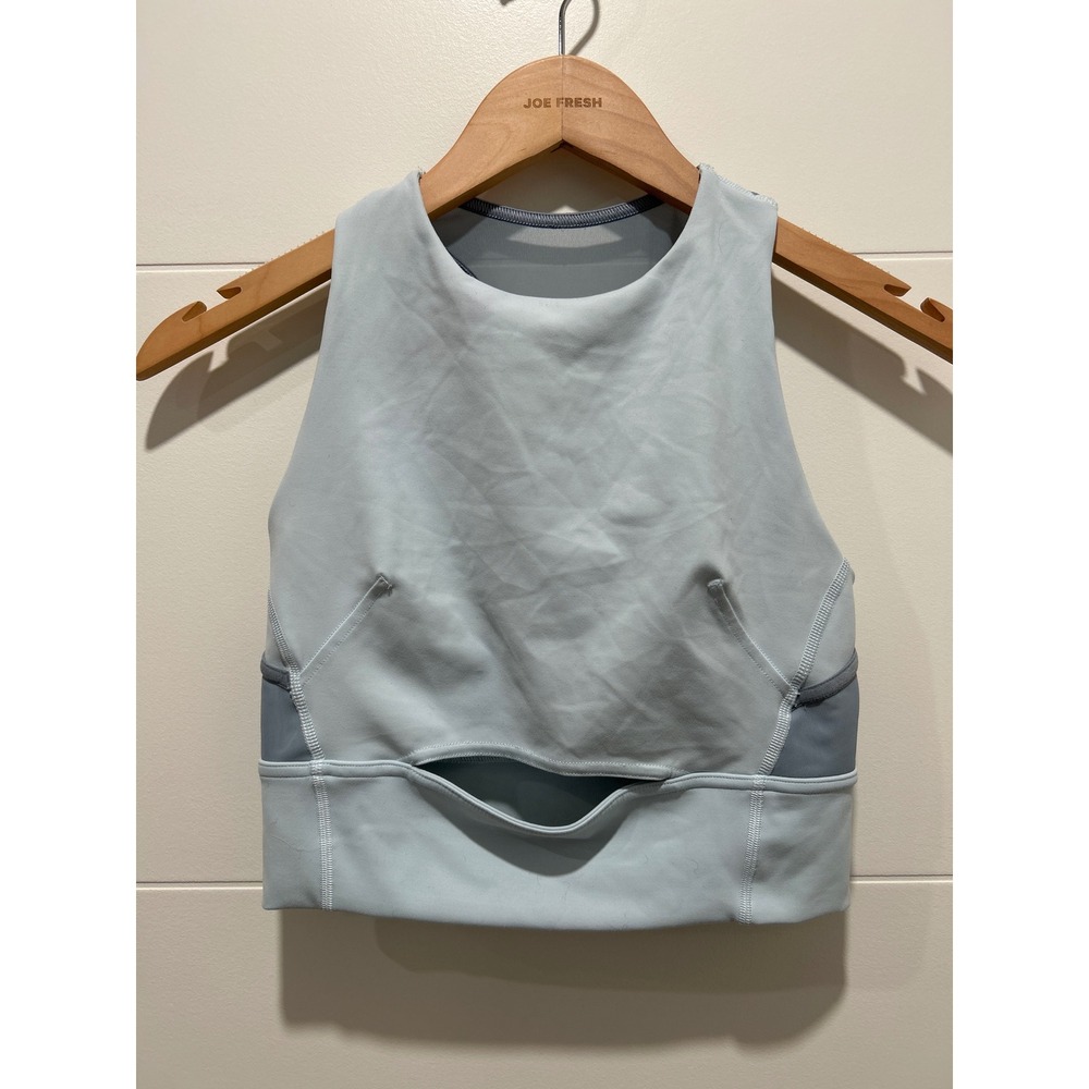 Lululemon High Neck Sports Bra Light Blue Mesh Racerback Cutout Size 4 LW1EESS